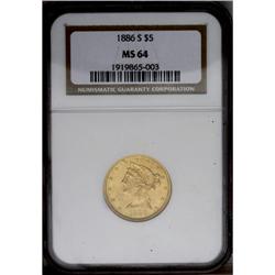 1886-S $5 MS64 PCGS. A boldly struck and thoroughly at