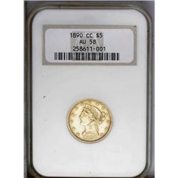 1890-CC $5 AU58 NGC. The green-gold toning is interrup