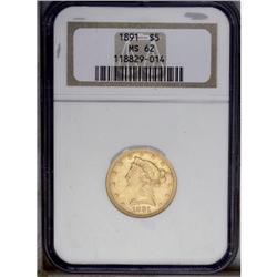 1891 $5 MS62 NGC. The honey-gold surfaces are lustrous