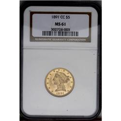 1891-CC $5 MS61 NGC. Bright green-gold color is augmen