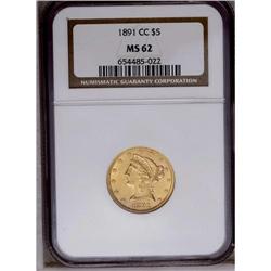 1891-CC $5 MS62 NGC. A lustrous coin that has pleasing