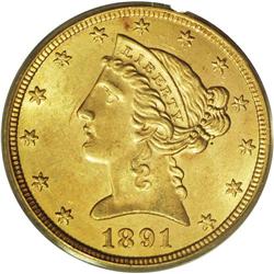 1891-CC $5 MS63 PCGS. Generally considered a common CC