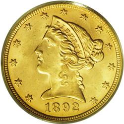 1892 $5 MS65 PCGS. Even though more than three-quarter
