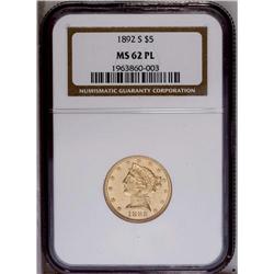 1892-S $5 MS62 Prooflike NGC. A needle sharp strike wi