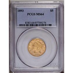 1893 $5 MS64 PCGS. Soft luster traveres the well struc