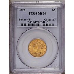 1893 $5 MS64 PCGS. A superior appearance, abetted by r
