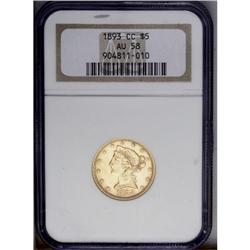 1893-CC $5 AU58 NGC. Variety 1-A. Effulgent luster bur