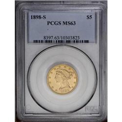 1898-S $5 MS63 PCGS. Yellow-gold, lustrous surfaces of