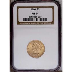 1900 $5 MS64 NGC. Extremely high-end and close to Gem