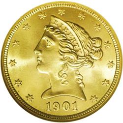 1901-S $5 MS65 NGC. Frosty luster beams from the yello