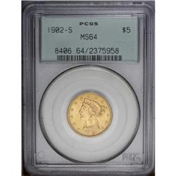 1902-S $5 MS64 PCGS. A highly lustrous and carefully p