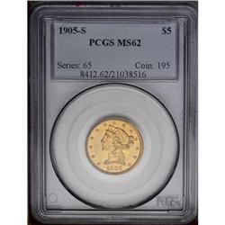 1905-S $5 MS62 PCGS. Appealing deep orange-gold patina