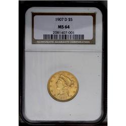 1907-D $5 MS64 NGC. The device detail is boldly stampe