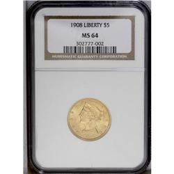 1908 $5 MS64 NGC. Dazzling luster emanates from aprico