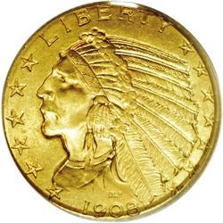 1908 $5 MS64 PCGS. The deep copper-gold surfaces offer