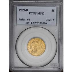 1909-D $5 MS62 PCGS. A crisply struck and radiant apri