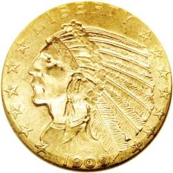 1909-D $5 MS63 NGC. A boldly struck reddish-golden rep