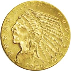 1909-D $5 MS64 NGC. The frosty surfaces display above