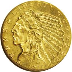 1911 $5 MS63 NGC. Straw-gold patina covers this fairly