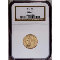 1913 $5 MS62 NGC. Bright and lustrous with outstanding