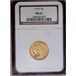 1915 $5 MS62 NGC. Apricot-gold surfaces display soft l