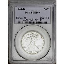 1944-D 50C MS67 PCGS. Radiantly lustrous surfaces disp