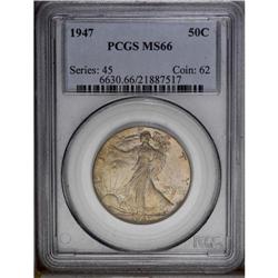 1947 50C MS66 PCGS. Lovely variegated toning covers ea