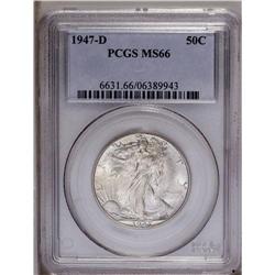 1947-D 50C MS66 PCGS. Delicate sky-blue and golden pat