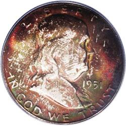 1951-S 50C MS67 PCGS. Intensely toned, with fiery oran