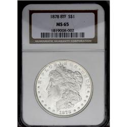 1878 8TF S$1 MS65 NGC. Brilliant white surfaces with a
