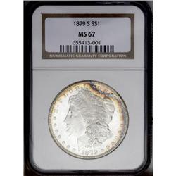 1879-S S$1 MS67 NGC. Intensely lustrous surfaces are i