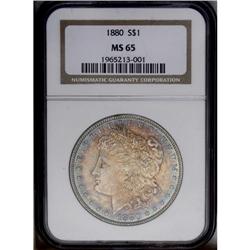 1880 S$1 MS65 NGC. Iridescent cobalt-blue, golden-brow