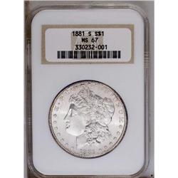 1881-S S$1 MS67 NGC. Swaths of golden-brown, plum, and