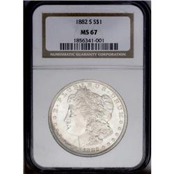 1882-S S$1 MS67 NGC. A narrow crescent of cobalt-blue