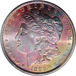 1886 S$1 MS67 S NGC. The obverse is bathed with rich