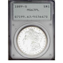 1889-S S$1 MS63 Prooflike PCGS. Orange toning endows t