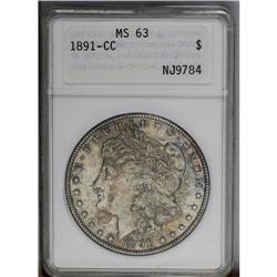 1891-CC S$1 MS63 ANACS. Apple-green, navy-blue, tobacc