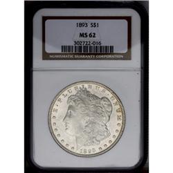 1893 S$1 MS62 NGC. Wisps of golden-brown toning overla
