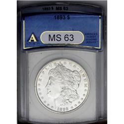1893 S$1 MS63 ANACS. Bright, silvery surfaces with a f