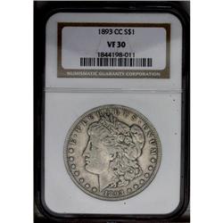 1893-CC S$1 VF30 NGC. Medium gray surfaces show modera