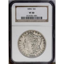 1894 S$1 VF30 NGC. Heavy gray patina covers moderately