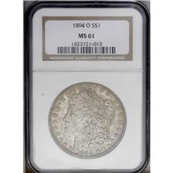 1894-O S$1 MS61 NGC. Medium intensity splotches of for