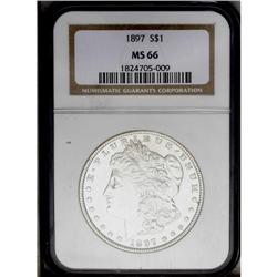 1897 S$1 MS66 NGC. Frosty luster endows silver-gray su