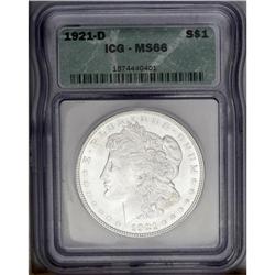 1921-D S$1 MS66 ICG. Silver-gray surfaces display plea