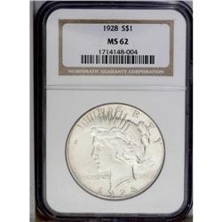 1928 S$1 MS62 NGC. Bright surfaces are nearly untoned,