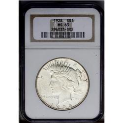 1928 S$1 MS63 NGC. Lightly abraded over lustrous silve