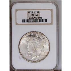 1928-S S$1 MS64 NGC. Lustrous, frosty silver-gray surf