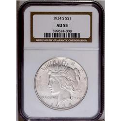 1934-S S$1 AU55 NGC. Boldly struck with light beige-gr