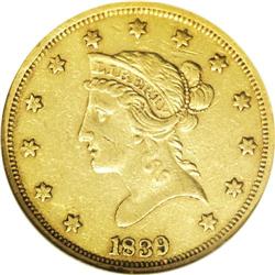 1839 $10 Type of 1838, Large Letters AU50 NGC. This is