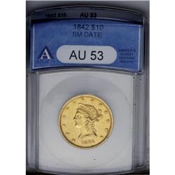 1842 $10 Small Date AU53 ANACS. This bold early date L